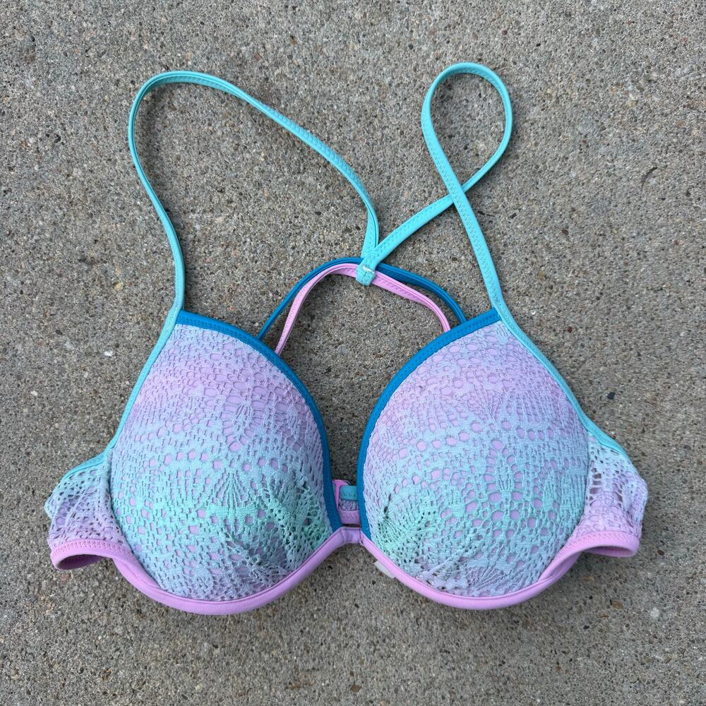 Y2K Victoria's Secret 34C The Fabrulous Pink Blue Cotton Candy Lace Bikini Top